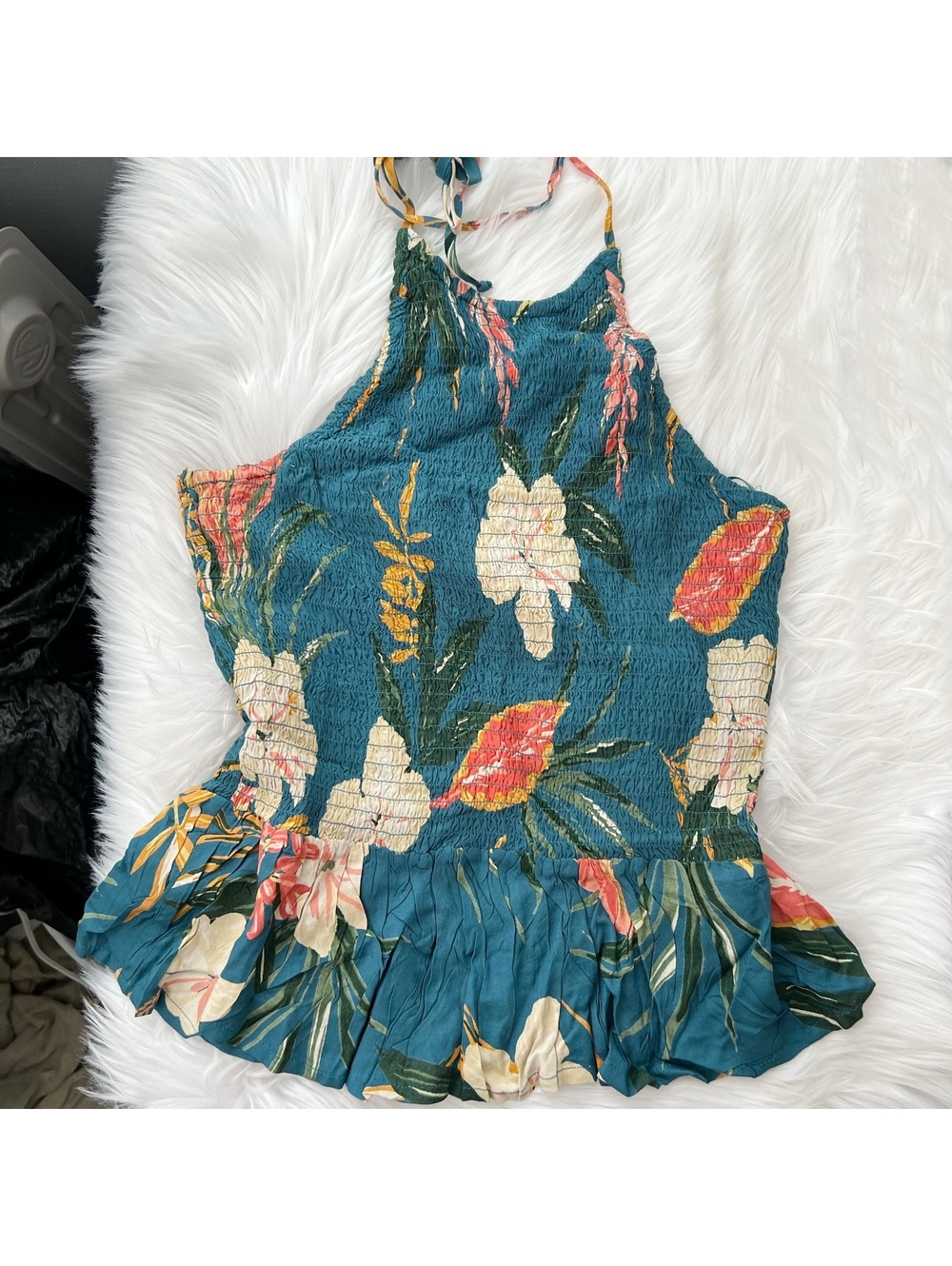 NWT Patrons of Peace Teal Floral Smocked Halter Peplum Top Womens L Boho